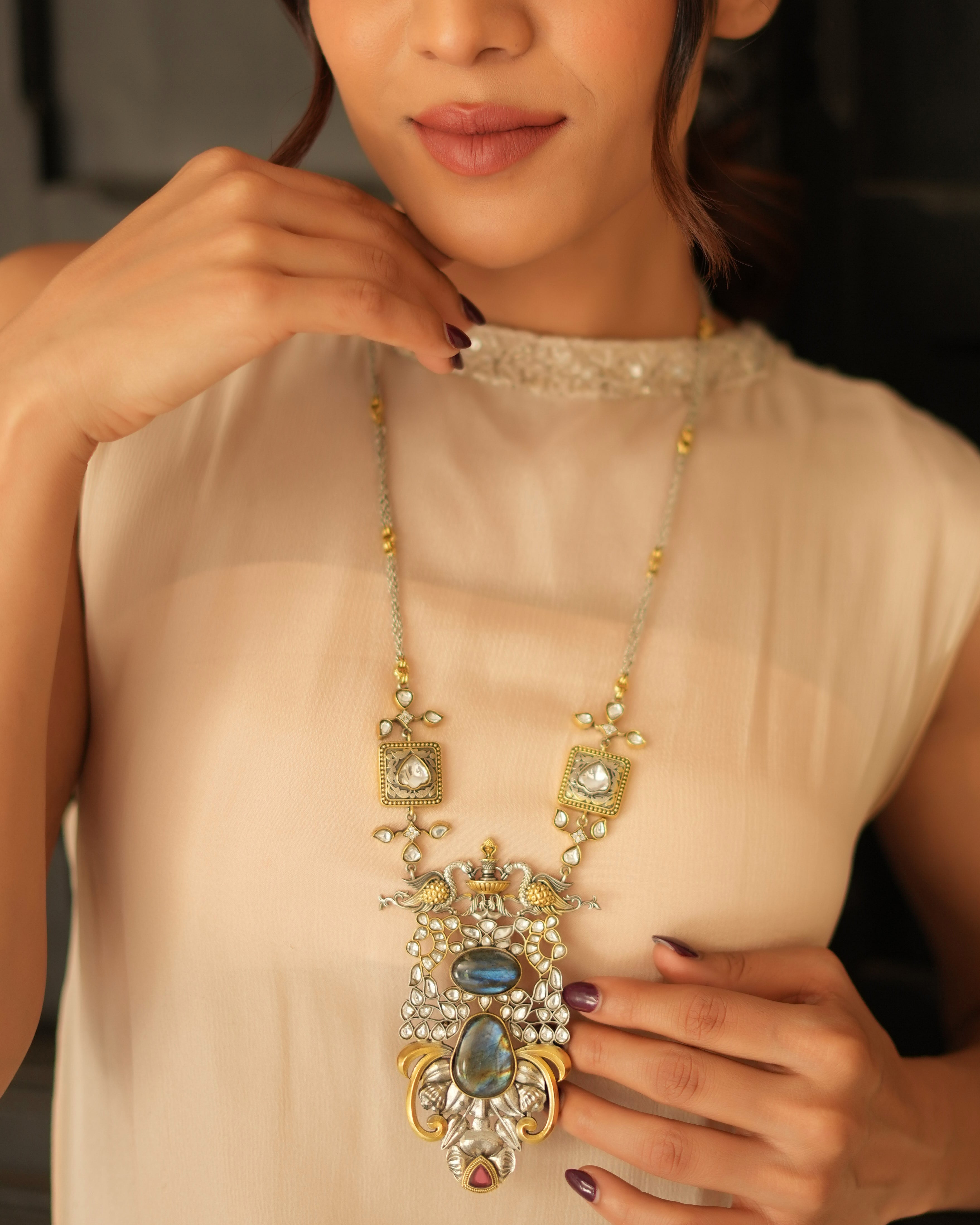 Royal Polki Silver Pendant with Peacock Motifs & Artistic Stone Detailing